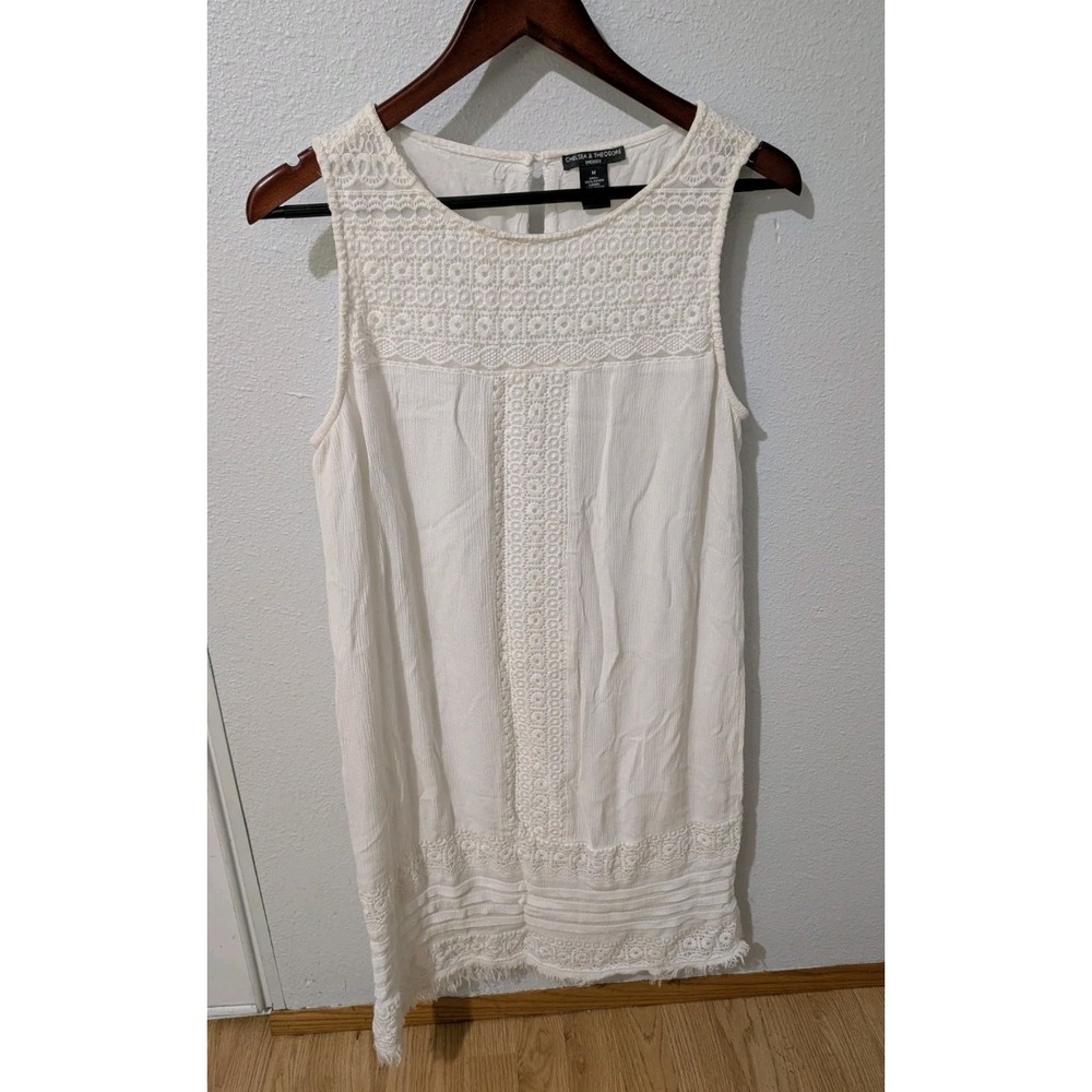 Chelsea & Theodore White Lace Shift Dress Sleeveless Fringe Hem Womens M